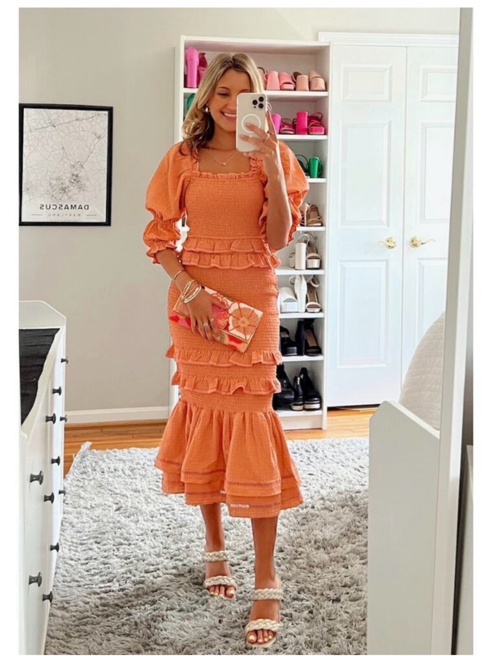 Rachel Parcell women Bubble Crepe Ruffle Midi Dress Dusty peach wedding guest